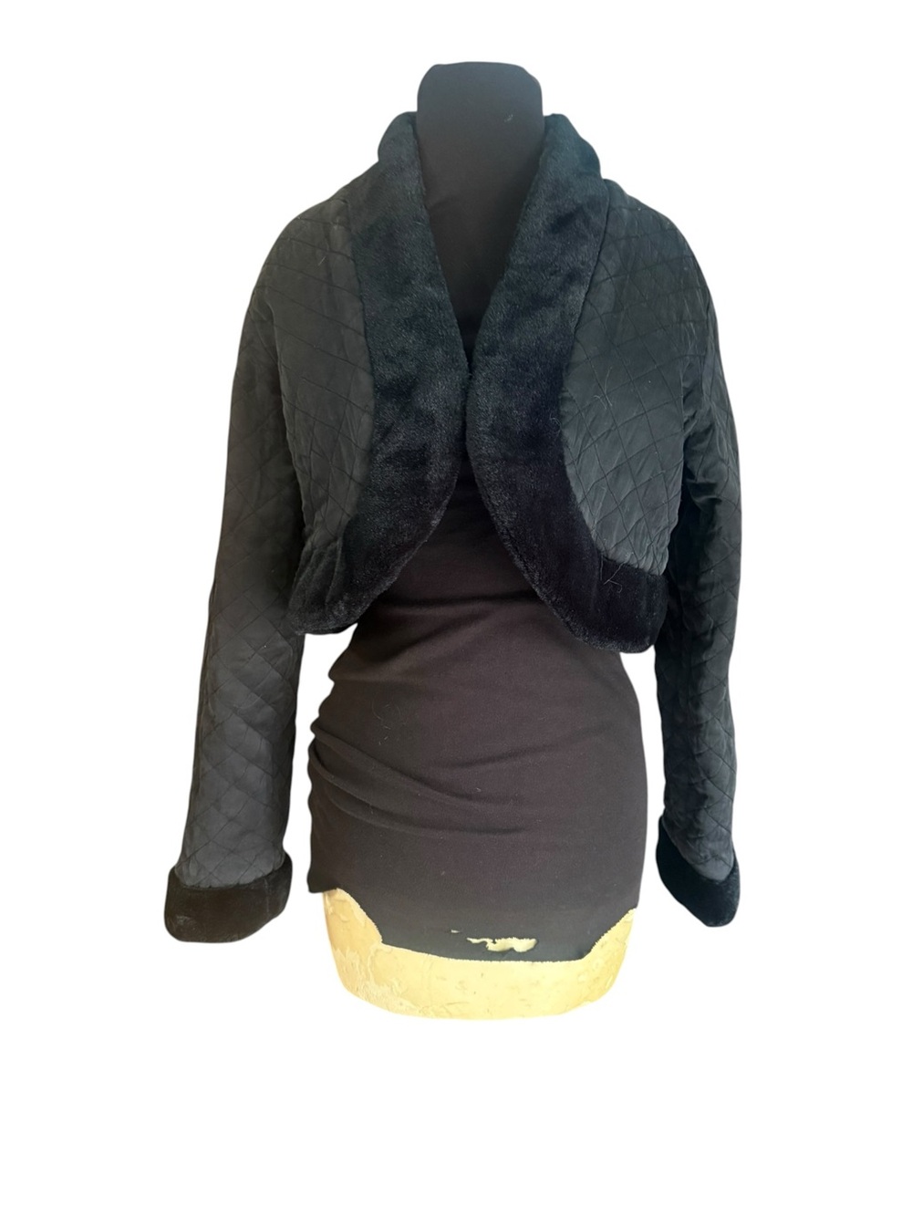 Y2K Express Black Silk Quilted Faux Fur Bolero Cropped Jacket M Glam Whimsigoth